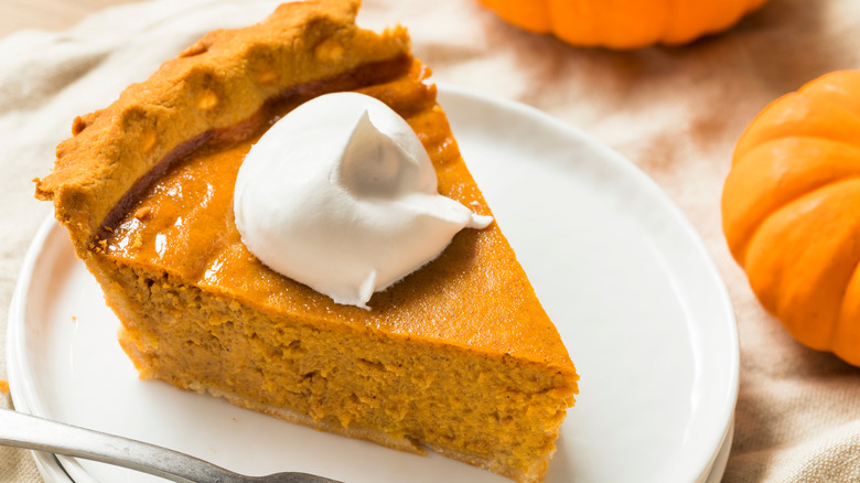 Pumpkin pie slice with whipped cream