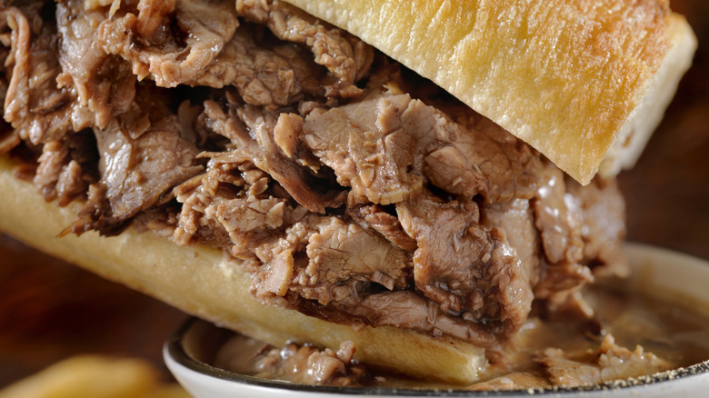 close up French dip sandwich