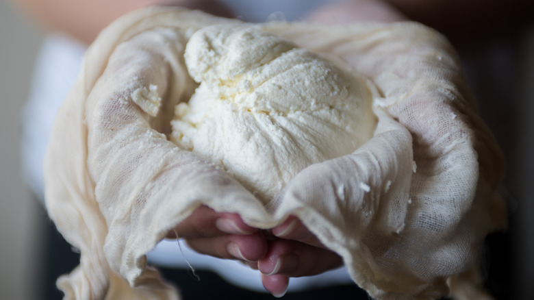 Person holding fresh ricotta cheese