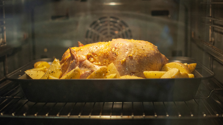 whole roast chicken in microwave with potato wedges