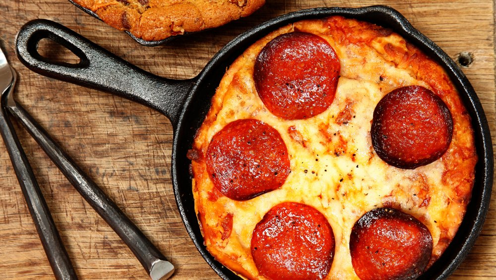 Pepperoni pizza in a skillet