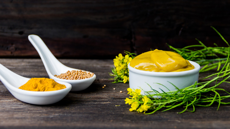 A small white little bowl of mustard beside spoons full of mustard seeds and mustard powder, all on a wooden table.