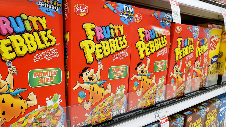 Fruity Pebbles cereal boxes