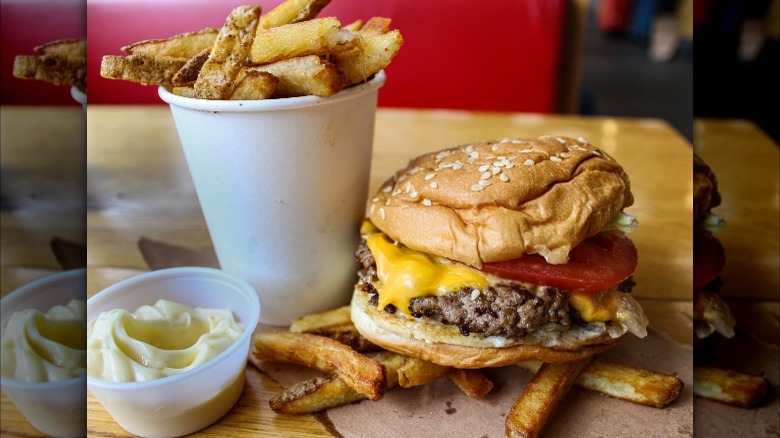 burger and fries at Five Guys