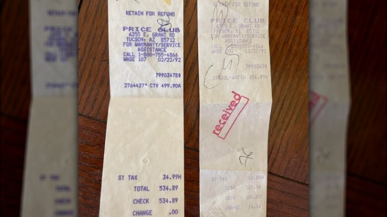 Two 1990s Price Club receipts