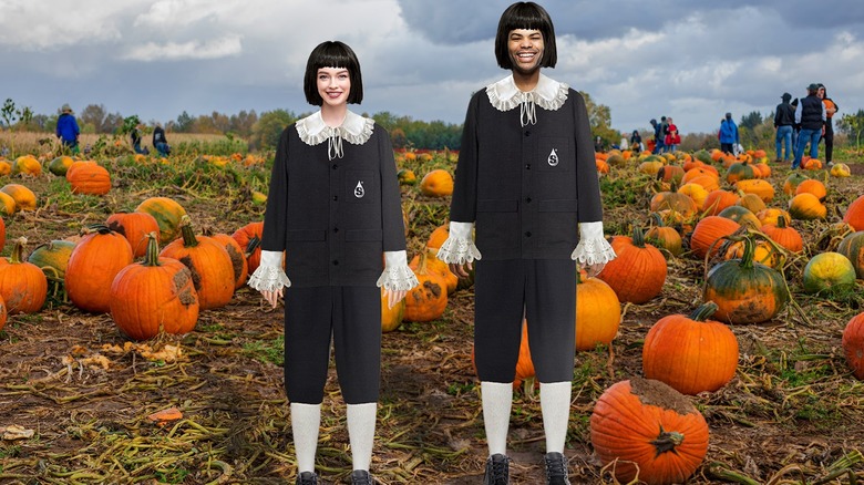 man and woman wearing Little Lad costumes in pumpkin patch