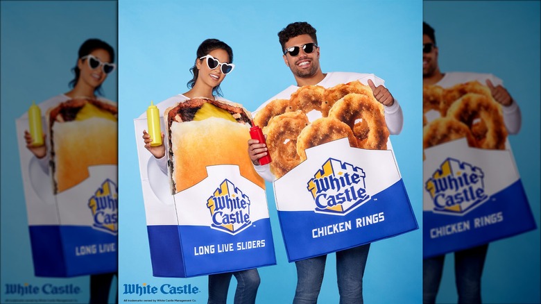 man and woman wearing White Castle's Halloween costumes