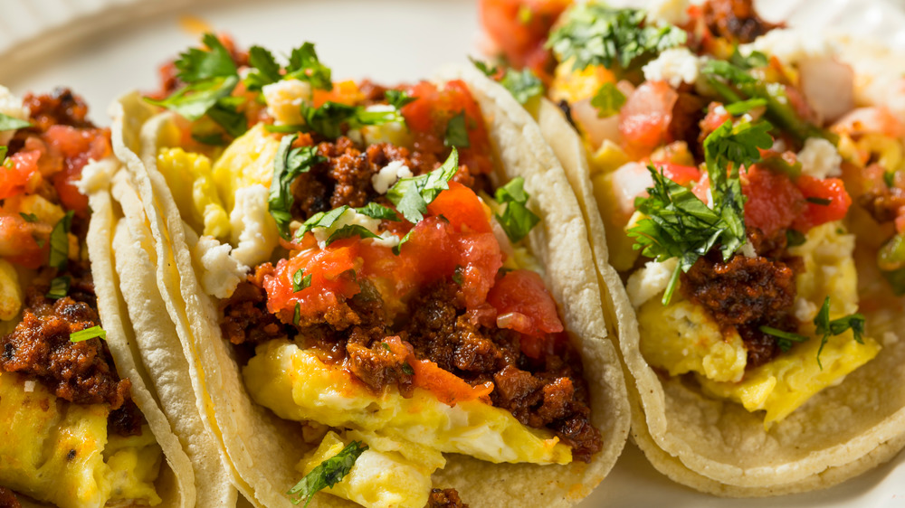 breakfast tacos with eggs and chorizo