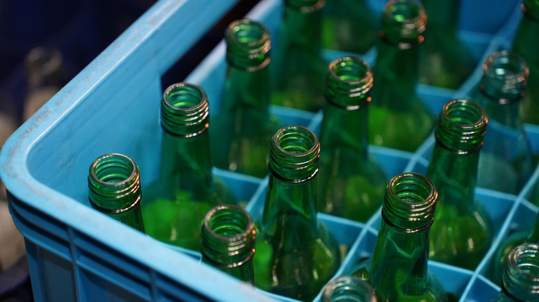 Empty green bottles of soju