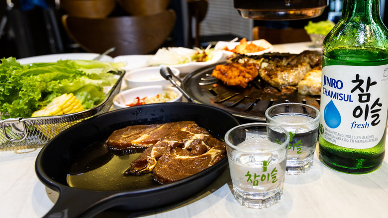 Soju with korean barbecue meats