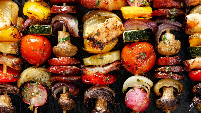 Mushrooms and vegetables on kebab skewers