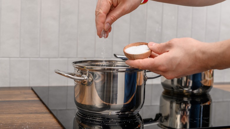 Hands adding salt to a pot