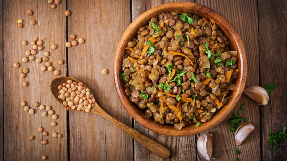 A bowl of cooked brown lentils