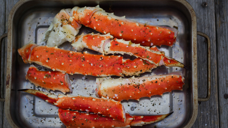 Crab legs on a baking dish