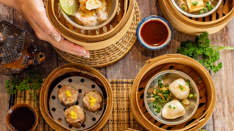 Bamboo steamers used to serve a variety of dumplings 