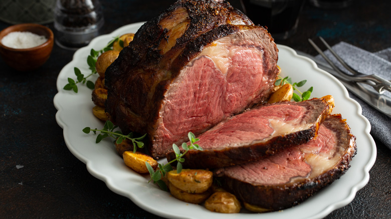 Plate of roasted prime rib 