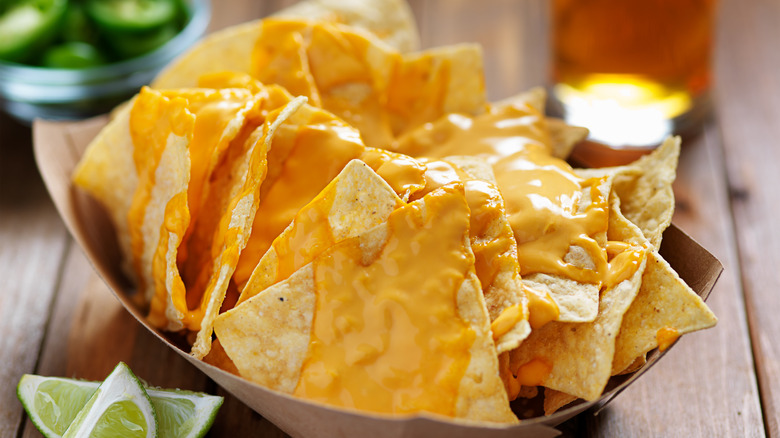 Nacho cheese on tortilla chips