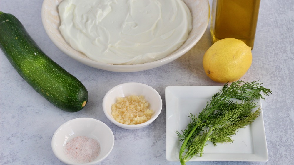 Zucchini, Greek yogurt, olive oil, chopped dill, lemon juice, garlic, salt